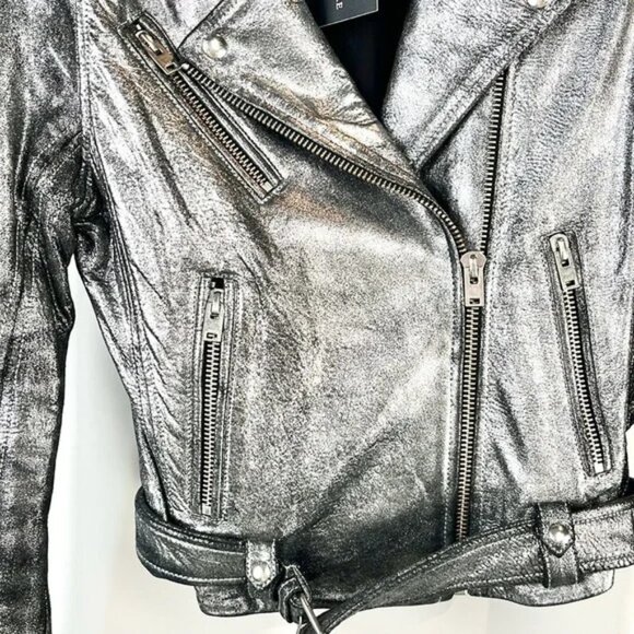 IRO Brooklyn Silver Metallic Leather Moto Jacket - Picture 4 of 10